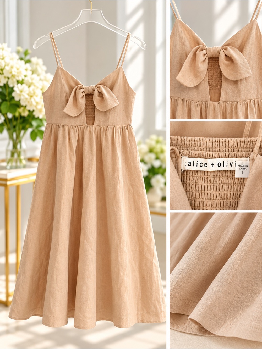 Alice + Olivia Beige Bow-Front Sundress